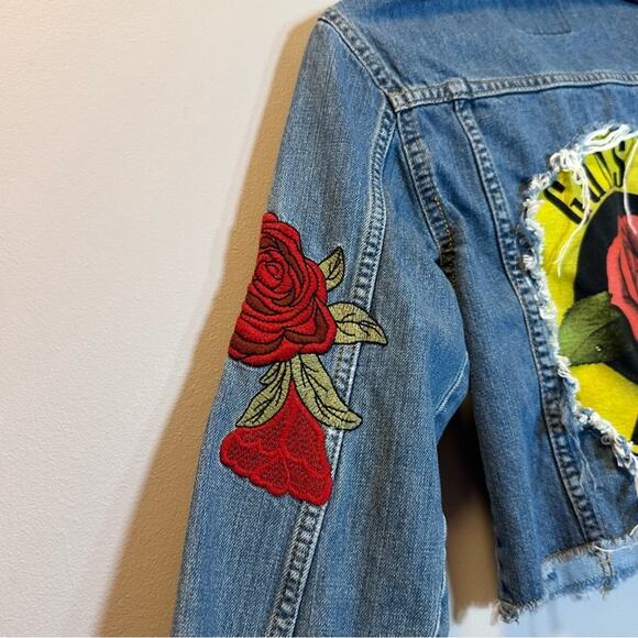 Guns N Roses denim jacket up cycle crop embroidered roses distressed raw hem - Picture 5 of 10